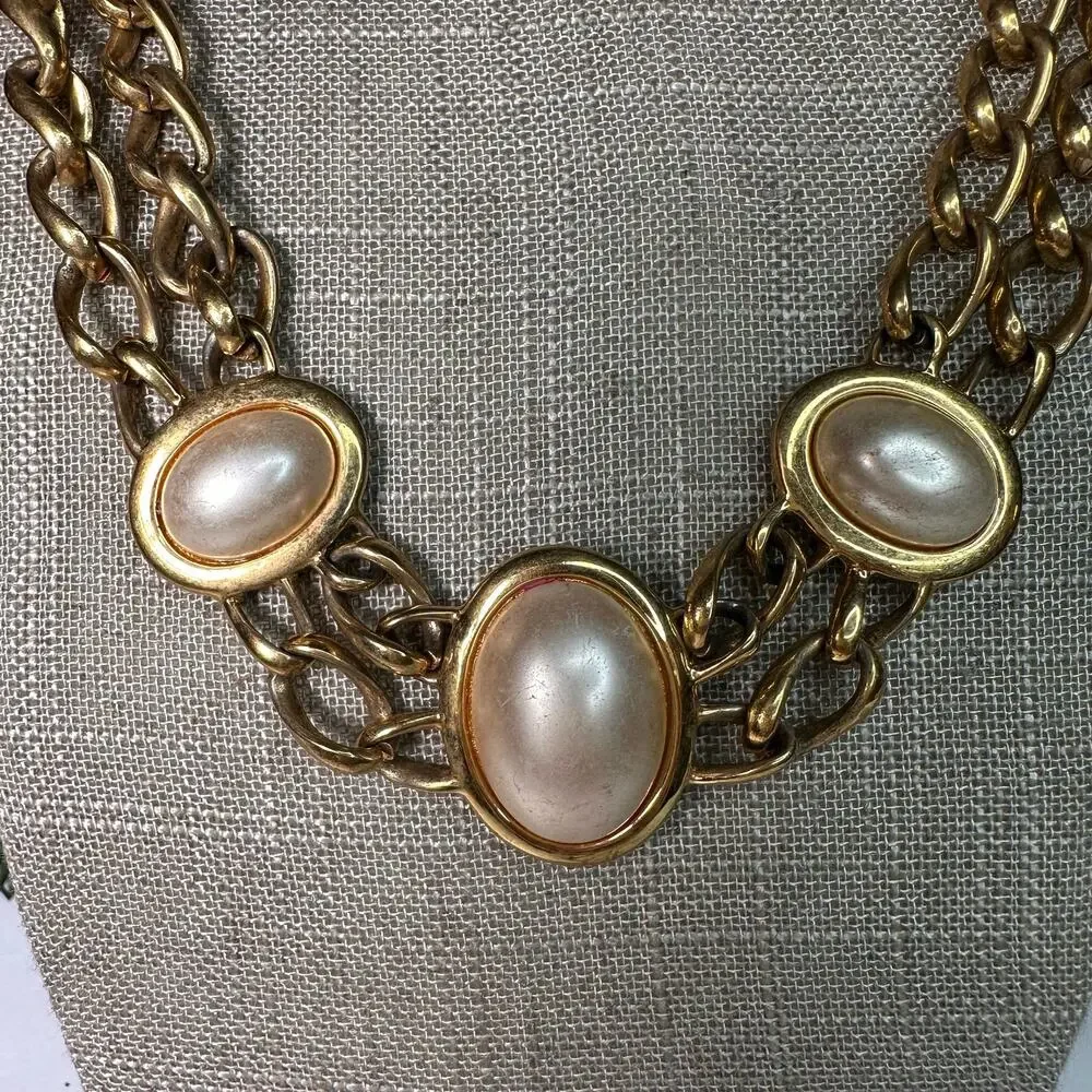 Vintage Napier Double Chain Cream Faux Pearl Choker Necklace 16.5